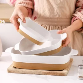 3-Piece Two-Tone Wholesale Ceramic Baking Dish Set, Wholesale Kitchen Bakeware For Oven