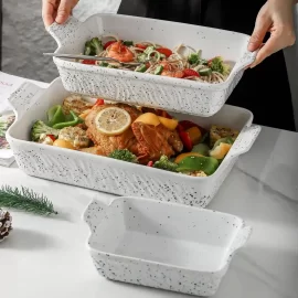 White Baking Dishes Wholesale with Spotted Texture, Stoneware Bakeware Custom