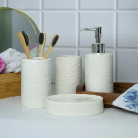 White Bathroom Set 4 Piece Bulk, Soap Dispenser Brush Holder
