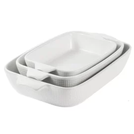 White Wholesale Baking Dish Sets with Grid Texture, Custom Ceramic Bakeware