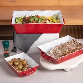 Custom Red Ceramic Baking Pan Set In Bulk with Wavy Edges